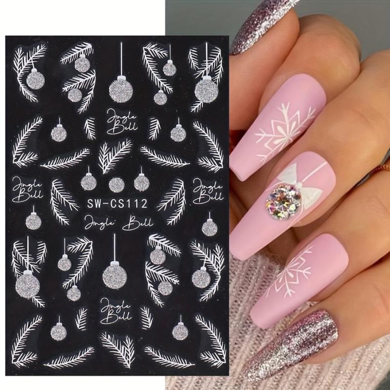3D Silver Glitter Nail Art Stickers Snowflake Feather Christmas Tree