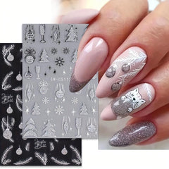 3D Silver Glitter Nail Art Stickers Snowflake Feather Christmas Tree