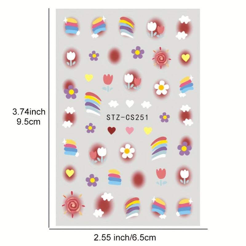 6pcs Colorful Flower Rainbow Nail Art Stickers Self Adhesive Decals
