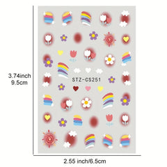 6pcs Colorful Flower Rainbow Nail Art Stickers Self Adhesive Decals