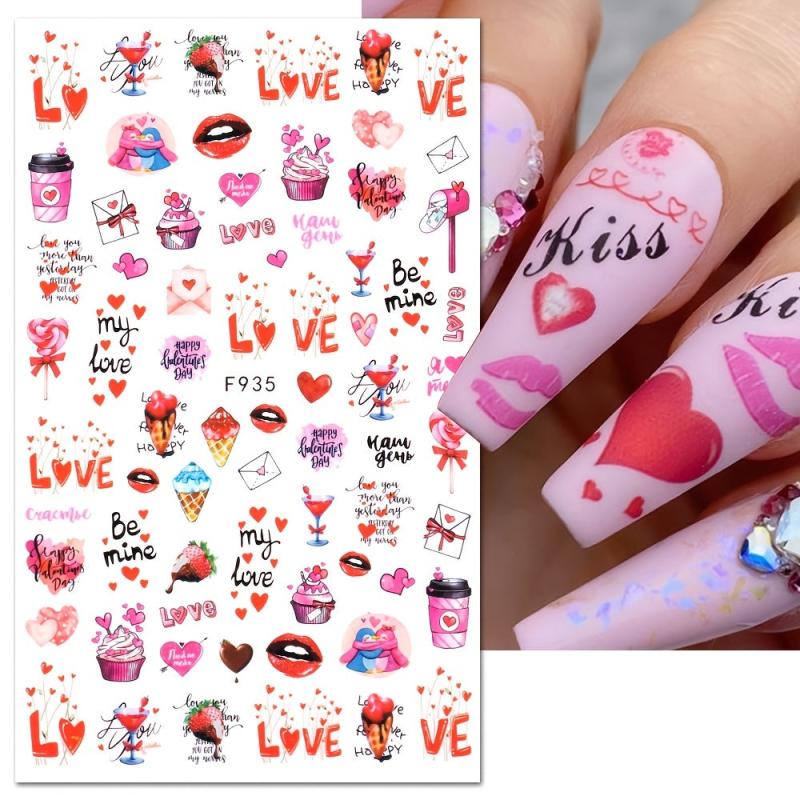 3D Self Adhesive Nail Art Stickers Decals Red Heart Lip Flower Romance Stickers
