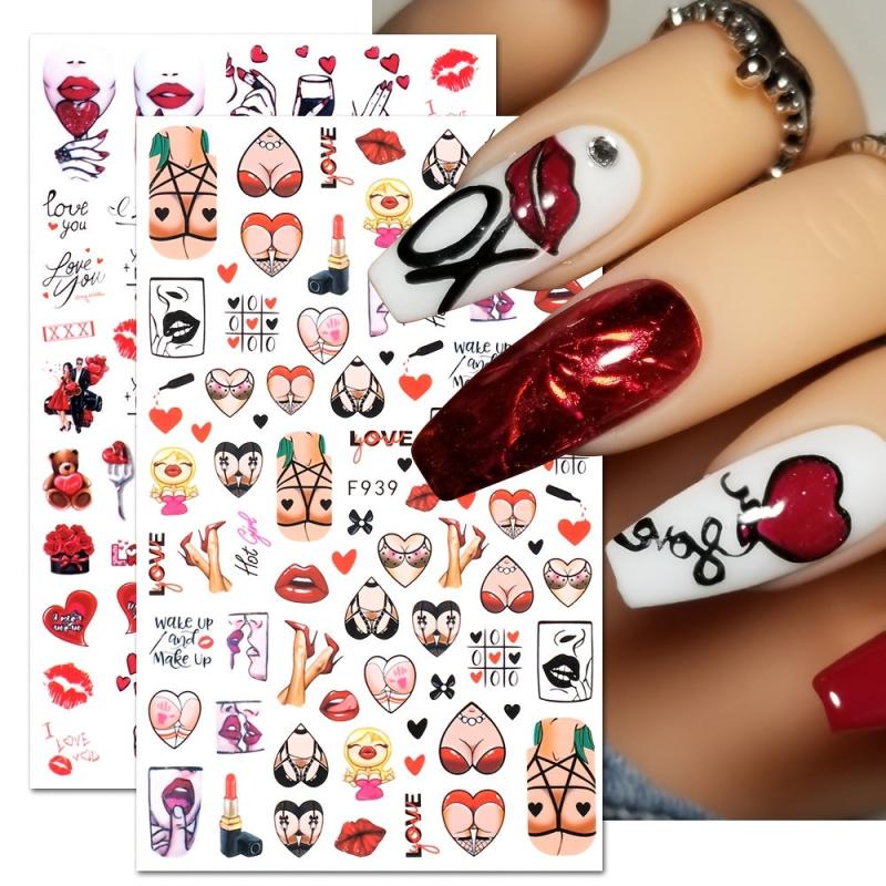 3D Self Adhesive Nail Art Stickers Decals Red Heart Lip Flower Romance Stickers