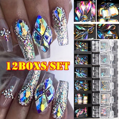 12 Grid 3D Crystal AB Nail Art Rhinestones Mixed Shapes
