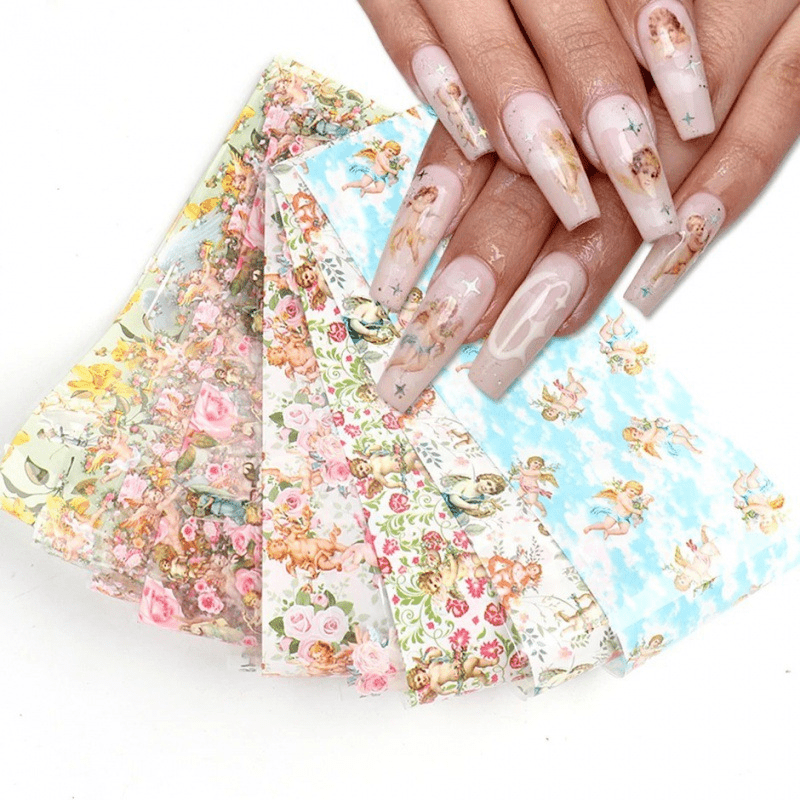 10pcs Cupid Angel Rose Nail Foil Stickers Adhesive Baroque Flower Art Decals