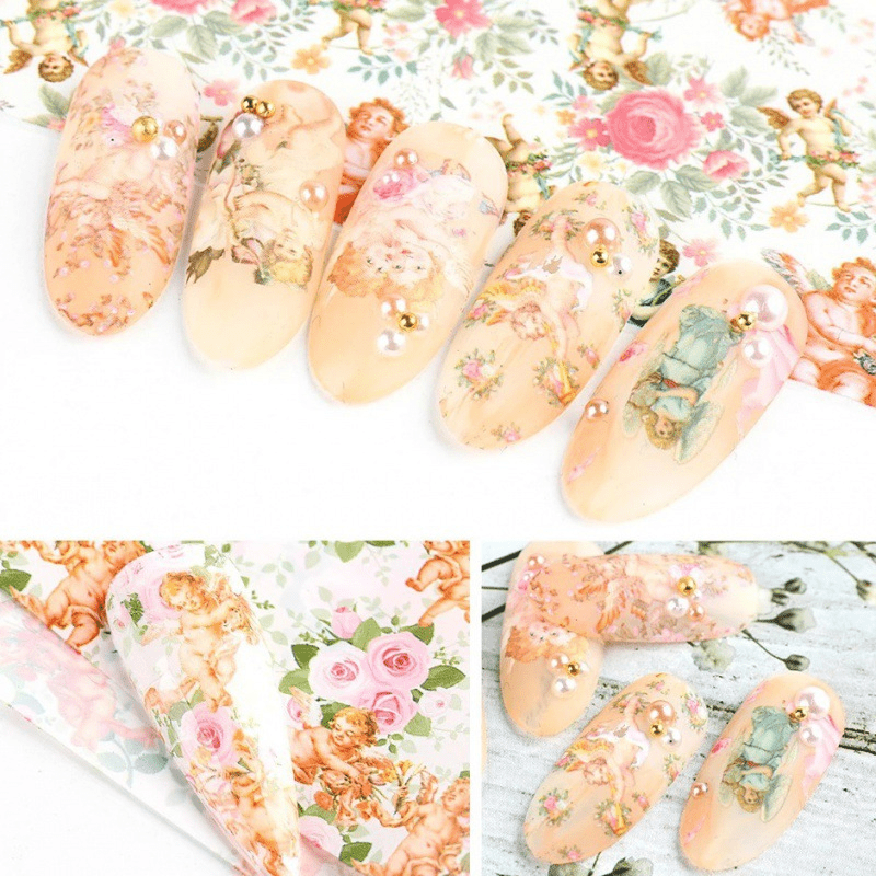 10pcs Cupid Angel Rose Nail Foil Stickers Adhesive Baroque Flower Art Decals