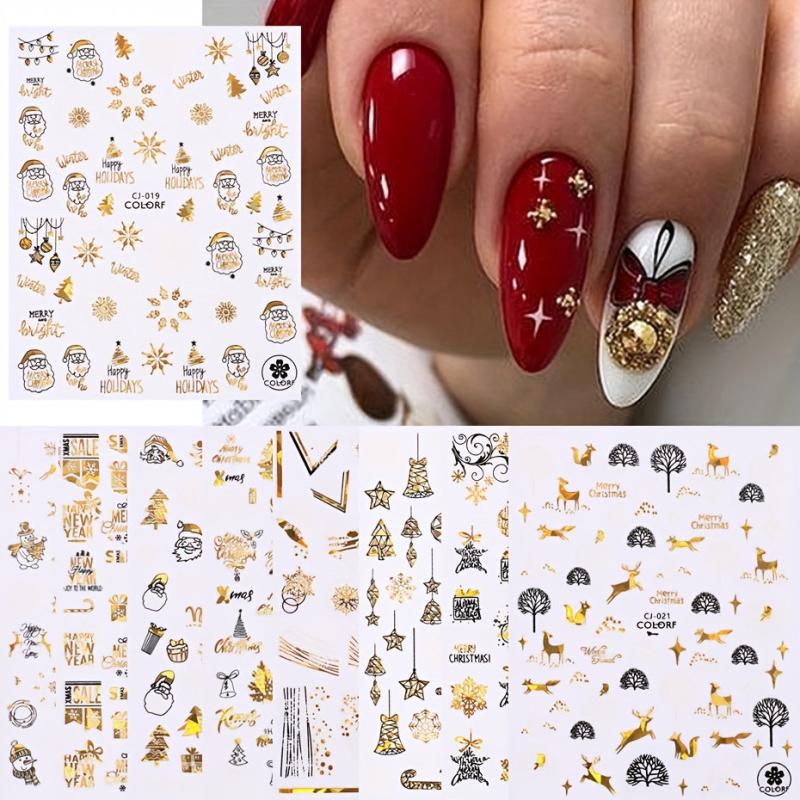 Christmas Nail Art Stickers Golden Santa Holographic Snowflake Nail Decals