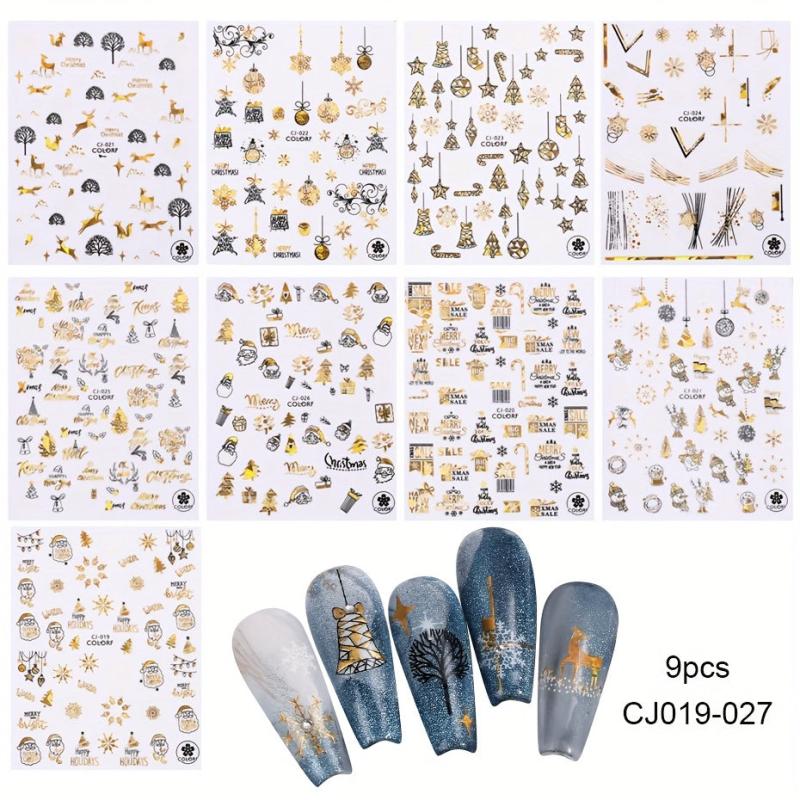 Christmas Nail Art Stickers Golden Santa Holographic Snowflake Nail Decals