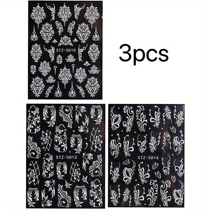 3pcs 3D Embossed Lace Flower Nail Art Stickers Self Adhesive Nail Art Decals