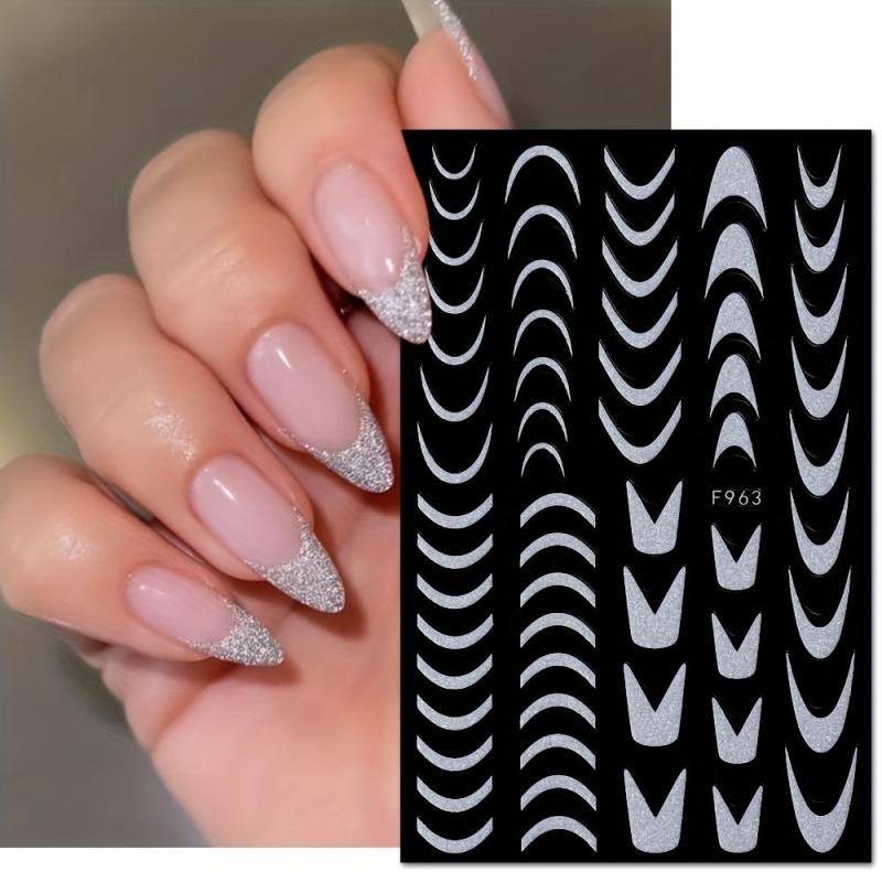 3D Glitter Nail Stickers French Shining Line Decals for DIY Manicure, 8 Sheets