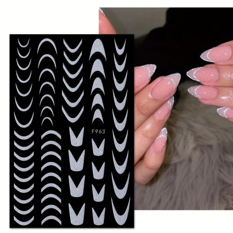 3D Glitter Nail Stickers French Shining Line Decals for DIY Manicure, 8 Sheets