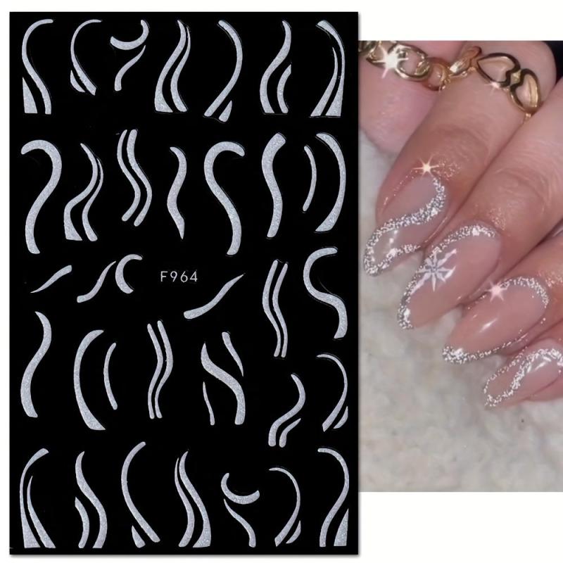 3D Glitter Nail Stickers French Shining Line Decals for DIY Manicure, 8 Sheets
