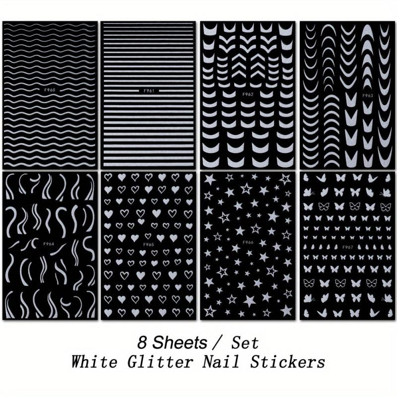 3D Glitter Nail Stickers French Shining Line Decals for DIY Manicure, 8 Sheets