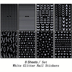 3D Glitter Nail Stickers French Shining Line Decals for DIY Manicure, 8 Sheets