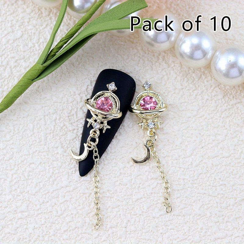 10pcs Moon Star Nail Charms with Rhinestones Golden Silvery DIY