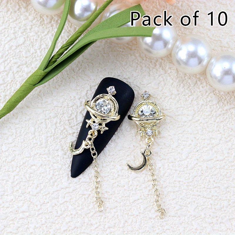 10pcs Moon Star Nail Charms with Rhinestones Golden Silvery DIY
