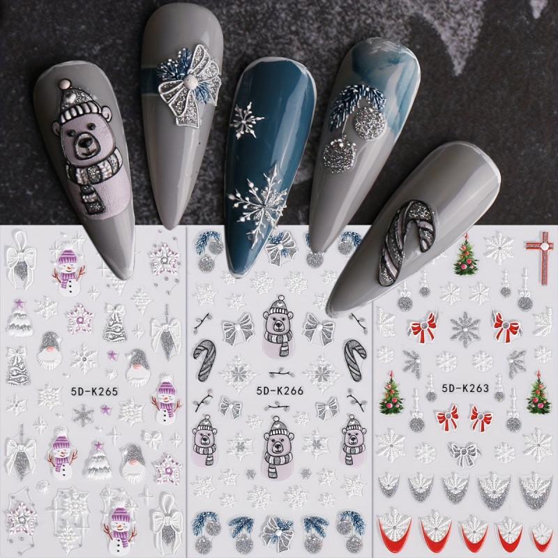 5D Embossed Glitter Christmas Nail Art Stickers - Snowman, Tree, Snowflake