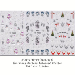 5D Embossed Glitter Christmas Nail Art Stickers - Snowman, Tree, Snowflake