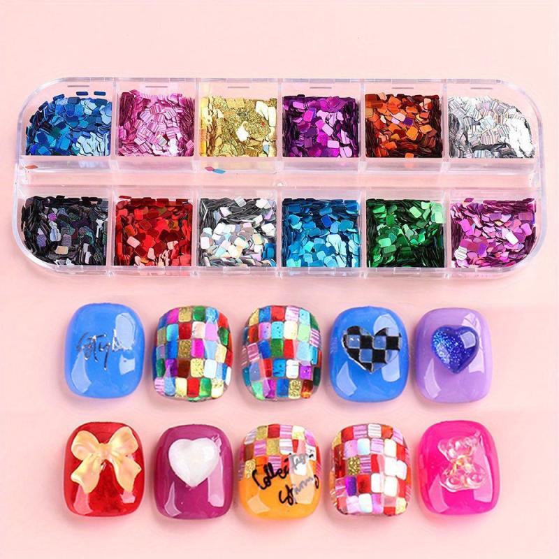 12 Colors Holographic Glitter Nail Art Sequins 3D Sparkly Acrylic Nails Supplies