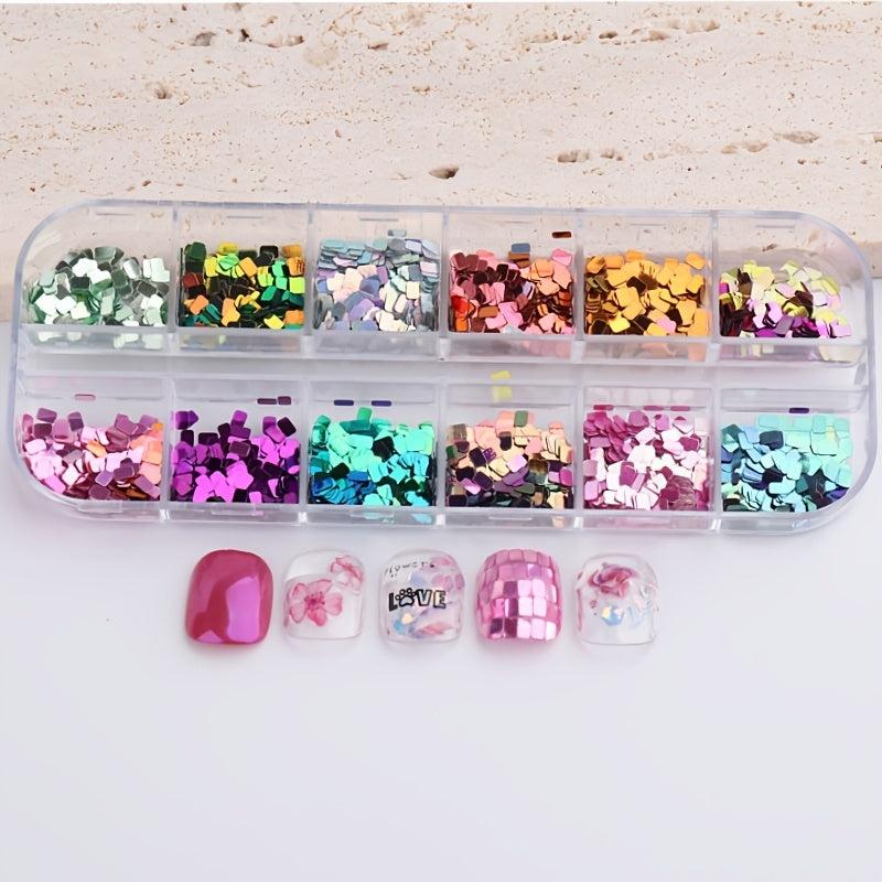 12 Colors Holographic Glitter Nail Art Sequins 3D Sparkly Acrylic Nails Supplies