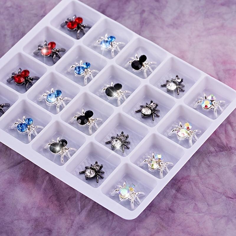 20pcs Halloween Spider Nail Art Charms With Rhinestones 3D Colorful Spider