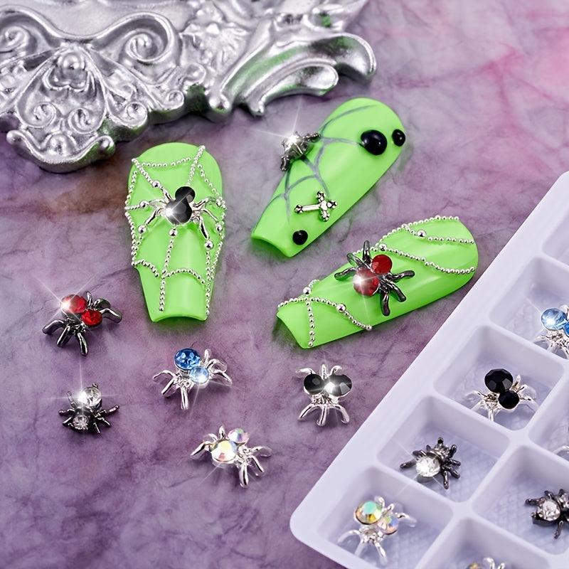 20pcs Halloween Spider Nail Art Charms With Rhinestones 3D Colorful Spider