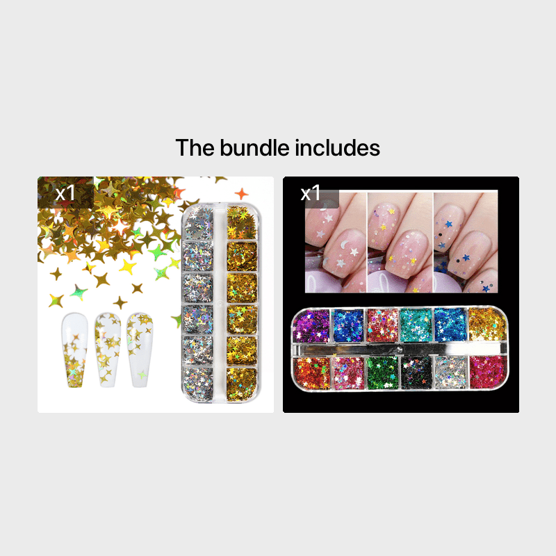 12 Grids Holo Nail Glitter Star Moon Flakes DIY Body Art Decoration