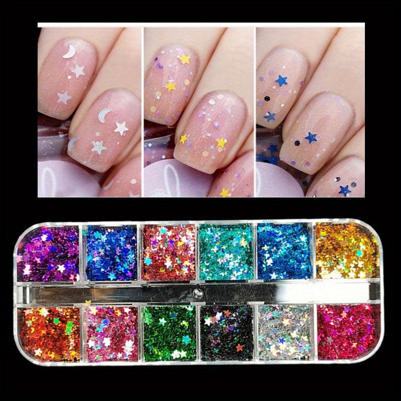 12 Grids Holo Nail Glitter Star Moon Flakes DIY Body Art Decoration