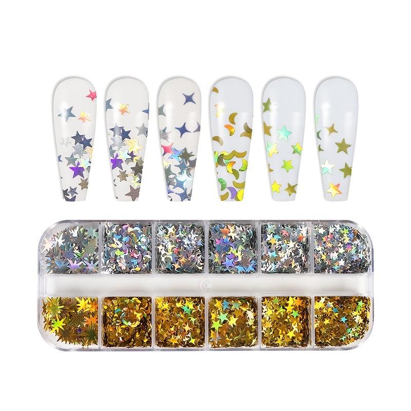12 Grids Holo Nail Glitter Star Moon Flakes DIY Body Art Decoration