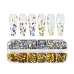 12 Grids Holo Nail Glitter Star Moon Flakes DIY Body Art Decoration