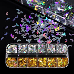 12 Grids Holo Nail Glitter Star Moon Flakes DIY Body Art Decoration