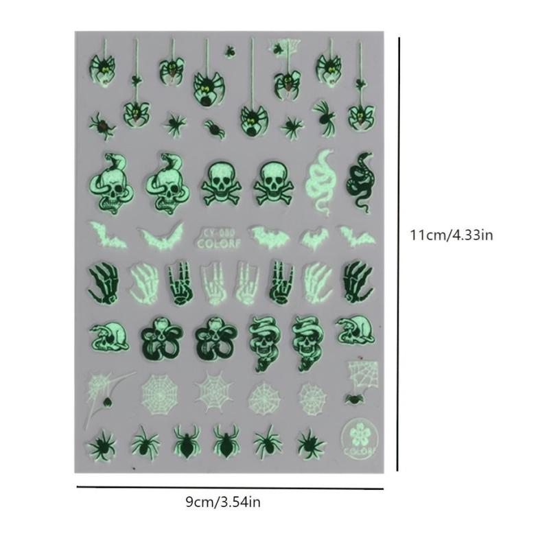 3D Halloween Luminous Nail Stickers Decals Spider Web Snake Skull Bone