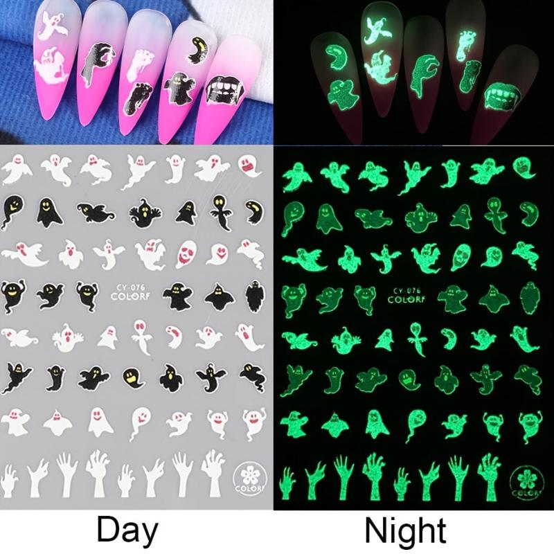 3D Halloween Luminous Nail Stickers Decals Spider Web Snake Skull Bone