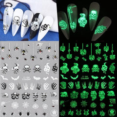 3D Halloween Luminous Nail Stickers Decals Spider Web Snake Skull Bone
