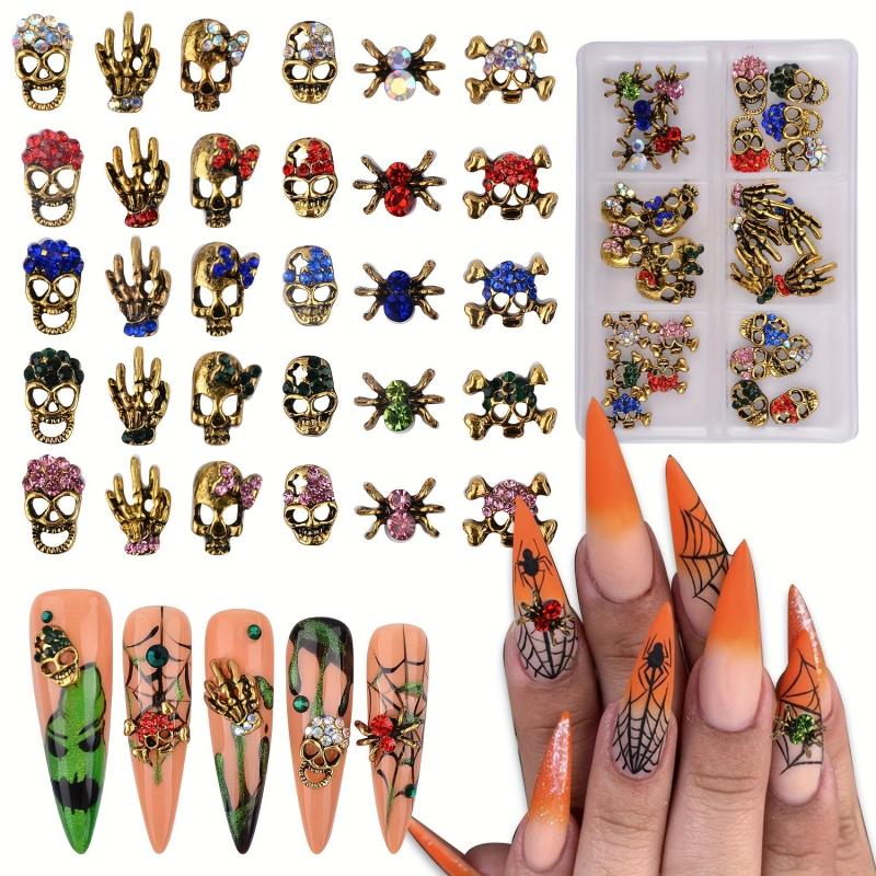 Halloween Nail Art Charms Kit with Rhinestones 3D Retro Metal Gems
