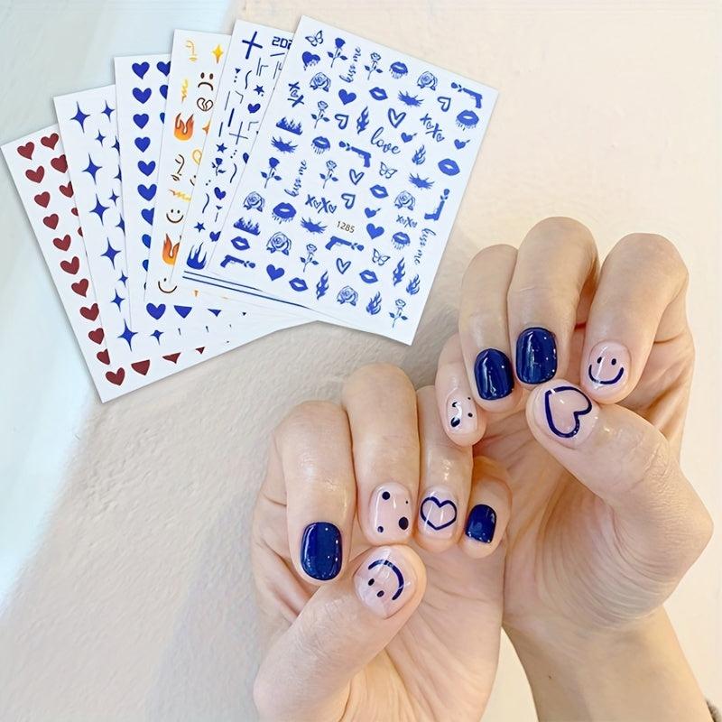 12pcs Cartoon Nail Art Stickers Star Flame Heart Face Decals DIY Nail Salons
