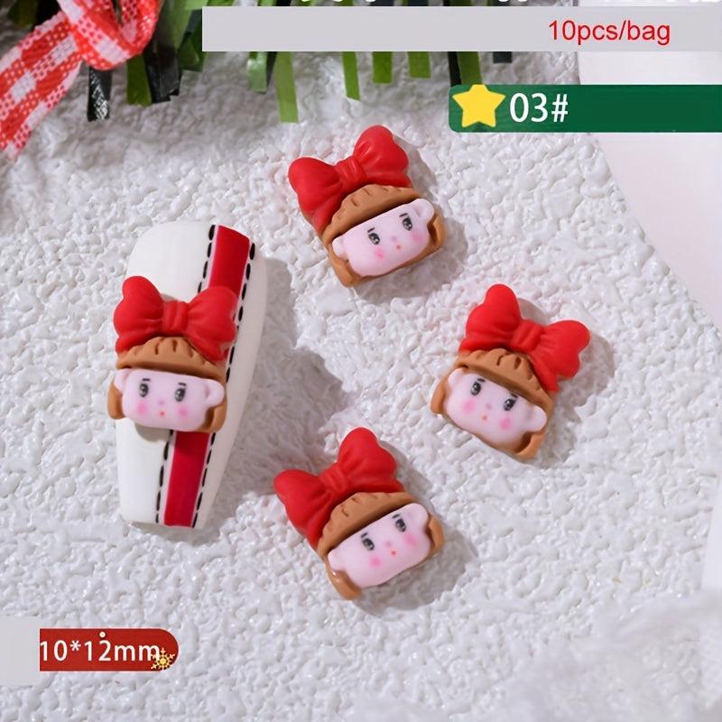 10pcs Christmas Nail Art Charms Resin 3D Snowman Bell Santa Claus Tree Accessory