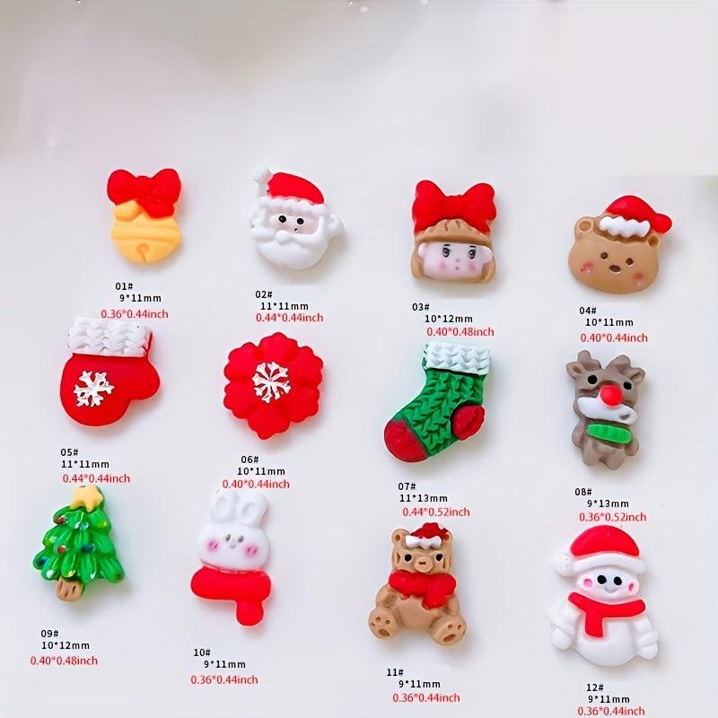 10pcs Christmas Nail Art Charms Resin 3D Snowman Bell Santa Claus Tree Accessory