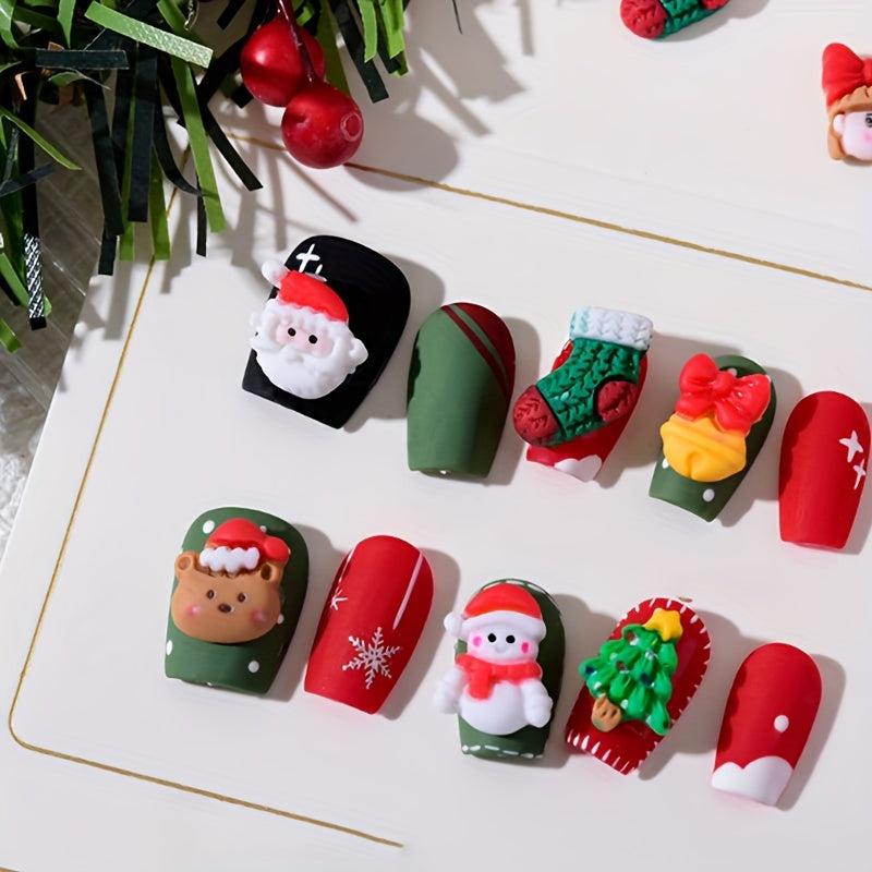 10pcs Christmas Nail Art Charms Resin 3D Snowman Bell Santa Claus Tree Accessory