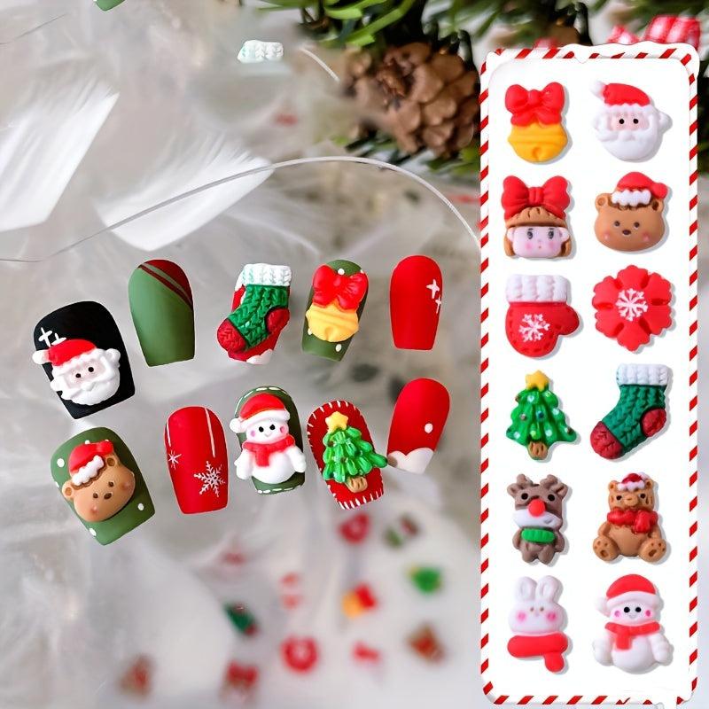 10pcs Christmas Nail Art Charms Resin 3D Snowman Bell Santa Claus Tree Accessory