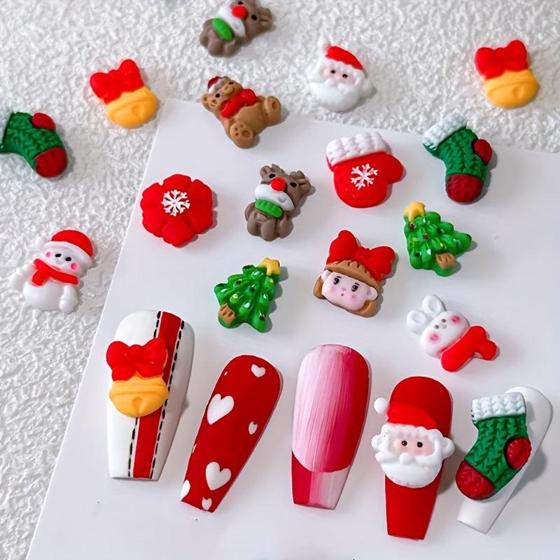 10pcs Christmas Nail Art Charms Resin 3D Snowman Bell Santa Claus Tree Accessory