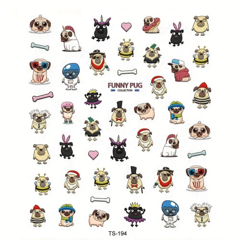Embossed Pug Nail Art Sticker Dog Bone Nail Decals