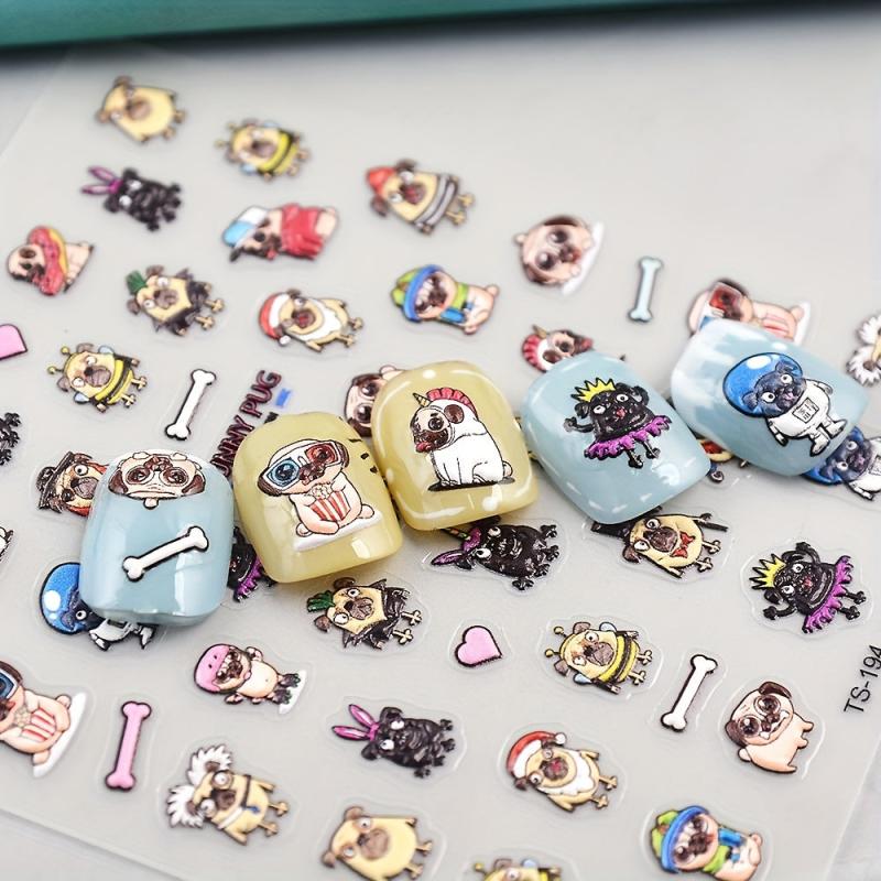 Embossed Pug Nail Art Sticker Dog Bone Nail Decals