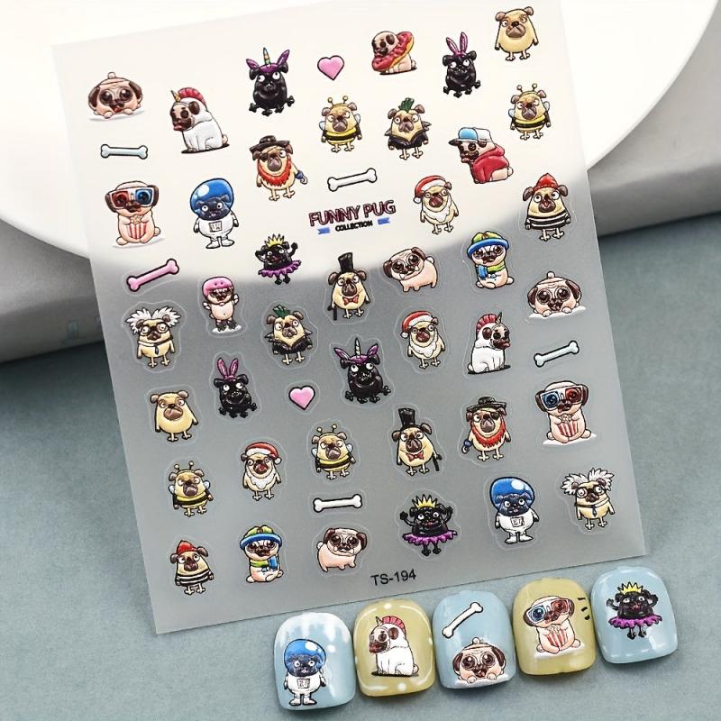 Embossed Pug Nail Art Sticker Dog Bone Nail Decals