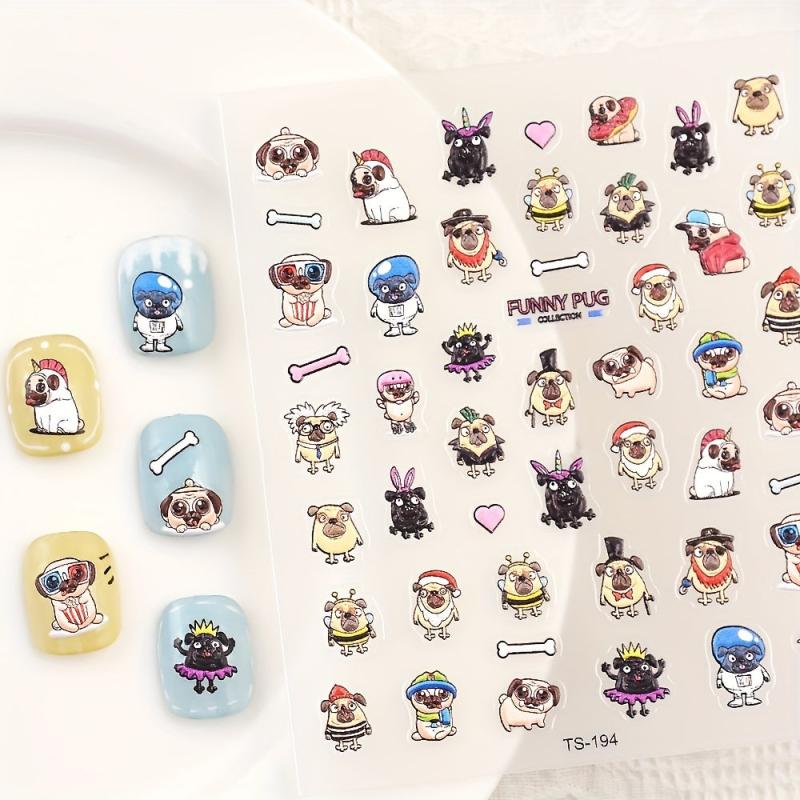 Embossed Pug Nail Art Sticker Dog Bone Nail Decals