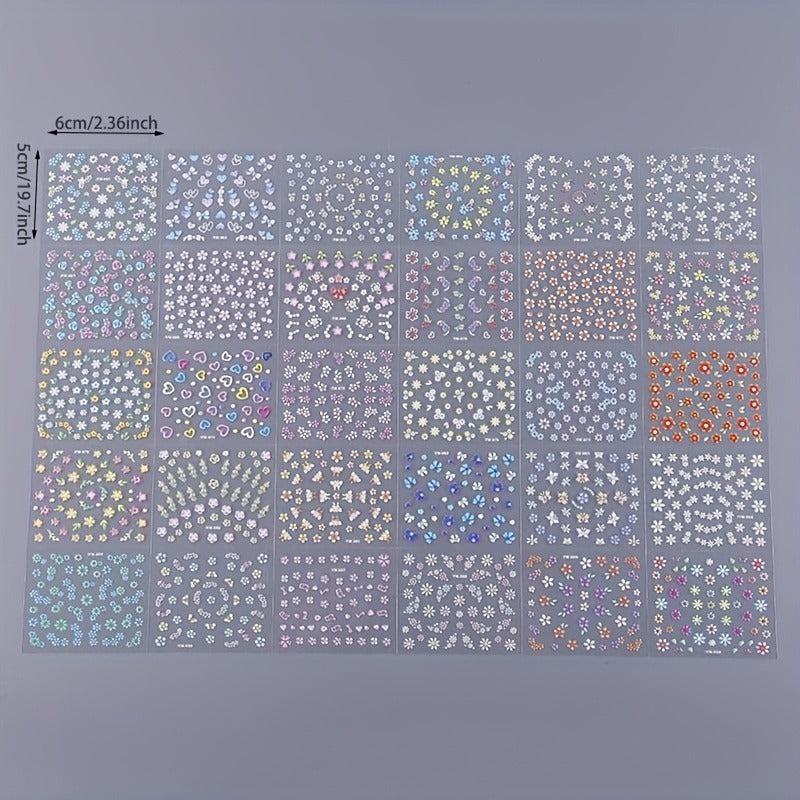 30 Sheets 3D Flower Nail Art Stickers Self Adhesive Colorful Nail Art Decals
