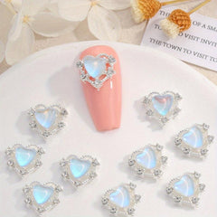 10pcs Aurora Peach Heart Nail Charms + Rhinestones Nail Gem Accessories