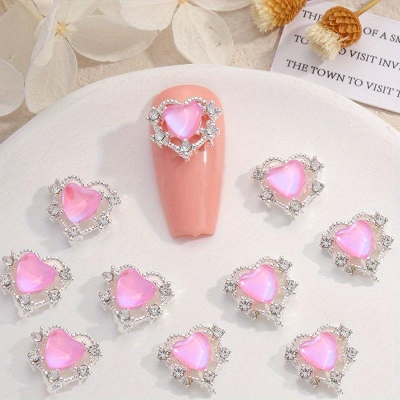 10pcs Aurora Peach Heart Nail Charms + Rhinestones Nail Gem Accessories