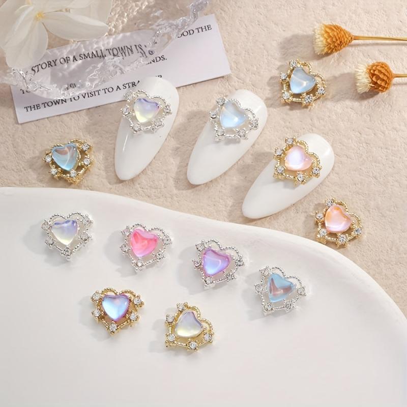 10pcs Aurora Peach Heart Nail Charms + Rhinestones Nail Gem Accessories