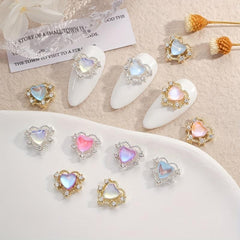 10pcs Aurora Peach Heart Nail Charms + Rhinestones Nail Gem Accessories