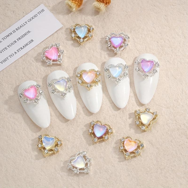 10pcs Aurora Peach Heart Nail Charms + Rhinestones Nail Gem Accessories